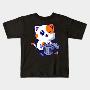 Cute Cat Playing On Rubbish Bin Cartoon Kids T-Shirt